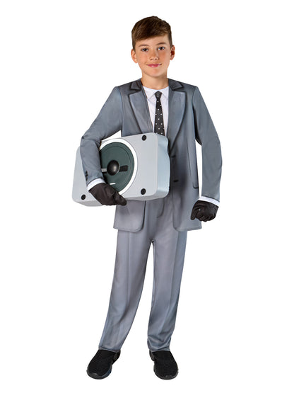 Skibidi Toilet speaker mask and black suit costume set for spooky, viral video-inspired Halloween fun.