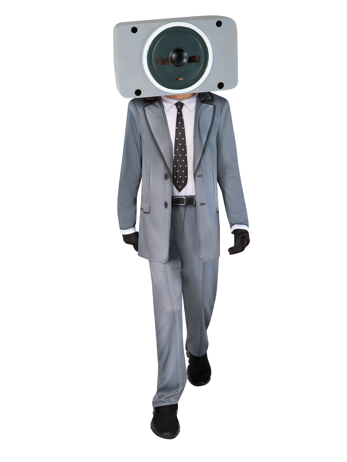 Skibidi Toilet costume featuring a speaker-shaped mask and sleek black suit for playful Halloween or cosplay fun.