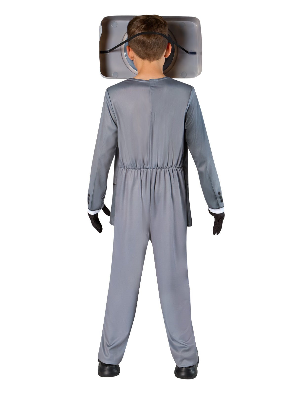 Skibidi Toilet costume featuring a speaker-style mask and black suit, perfect for cosplay and Halloween parties.