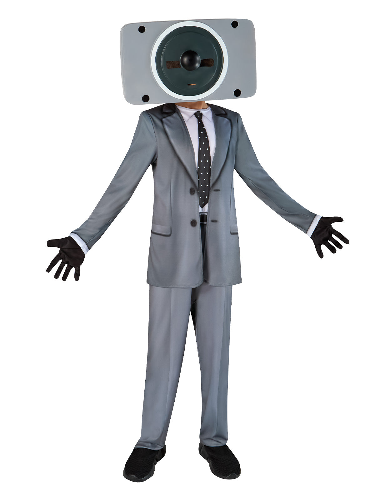 Skibidi Toilet costume featuring a speaker mask and black suit for playful Halloween or cosplay fun.