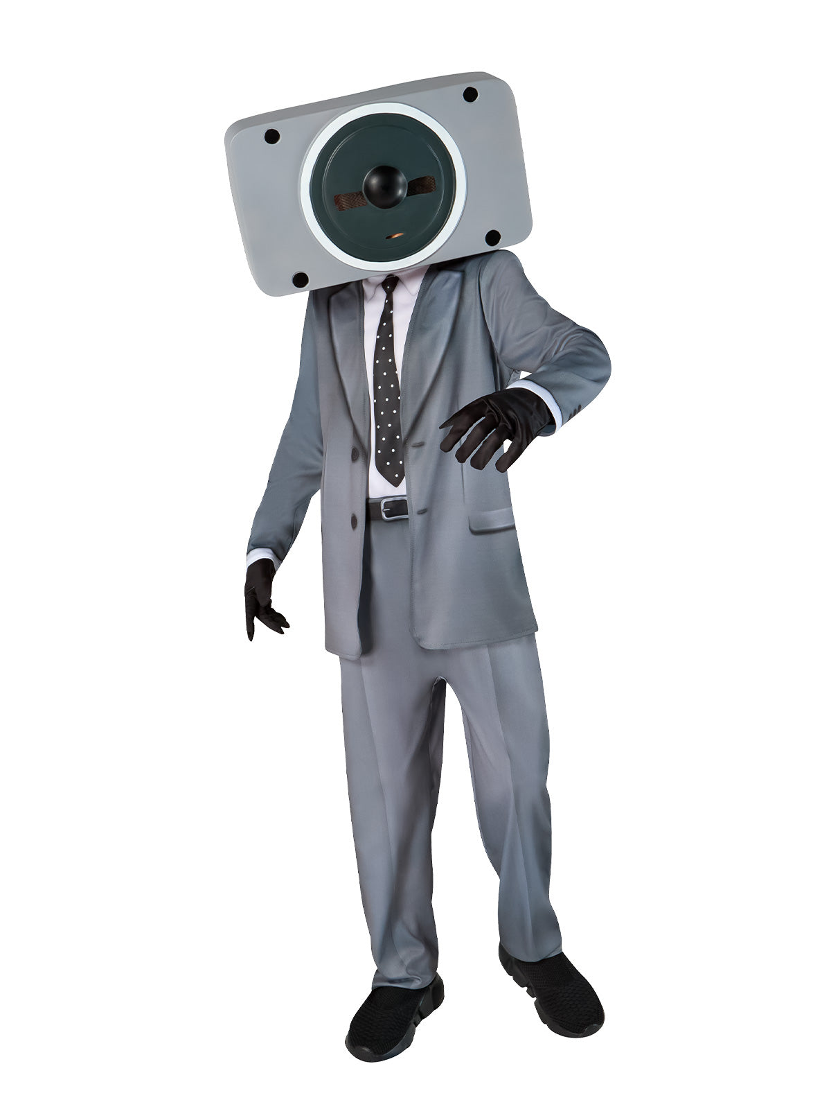 Skibidi Toilet costume featuring a speaker mask and black suit, perfect for Halloween or cosplay events.