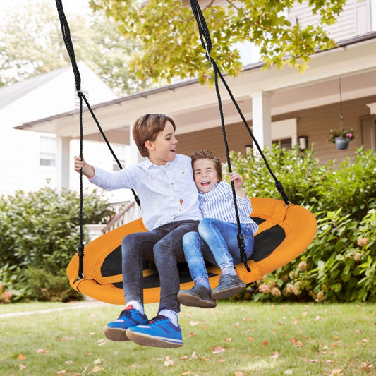 Yellow 100cm saucer tree swing for kids with adjustable ropes, perfect for backyard fun.