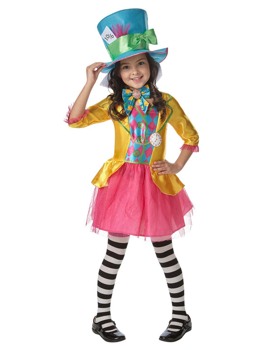 Girls Mad Hatter costume dress inspired by Alice in Wonderland, perfect for dress-up play.