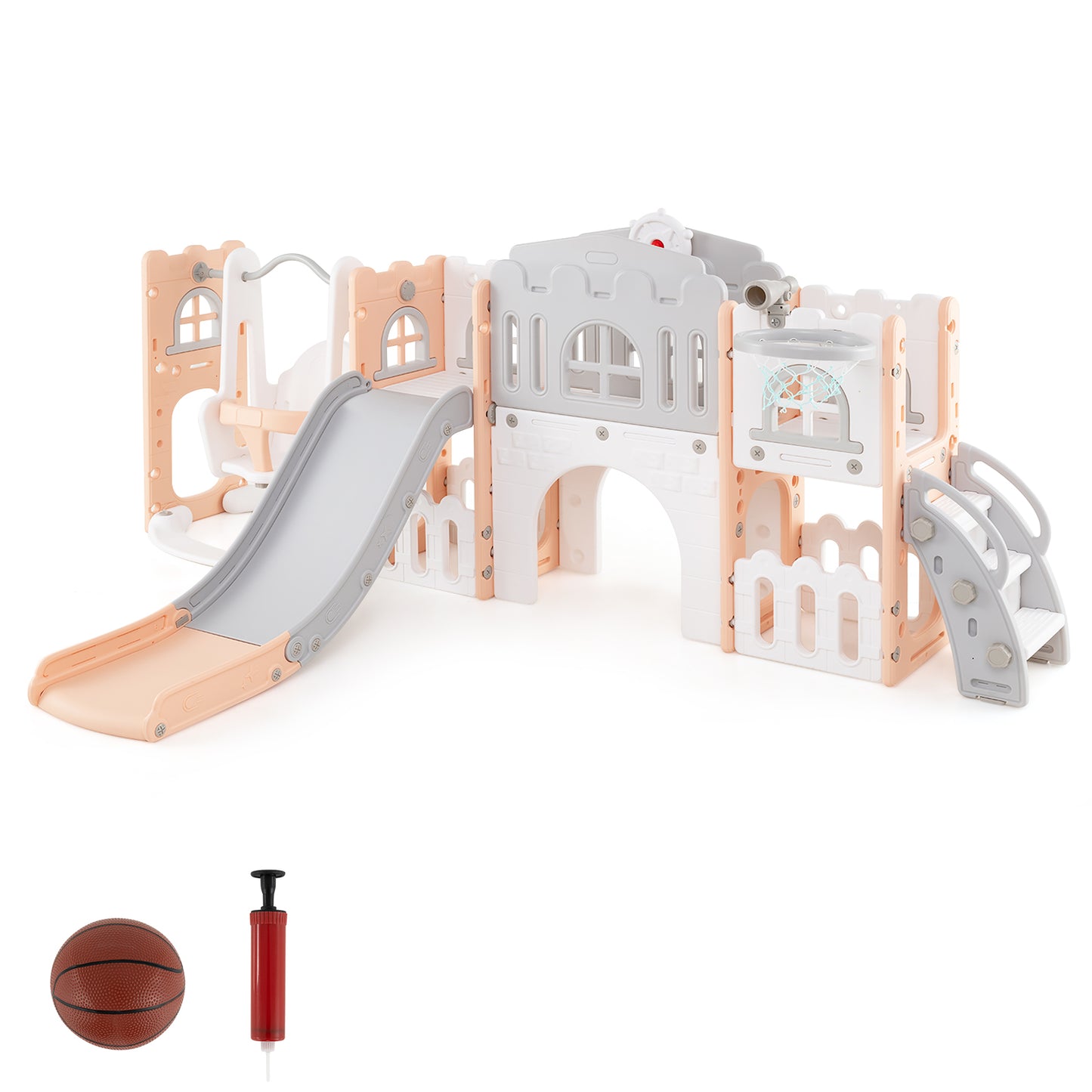 10-in-1 Pink Toddler Swing Slide Set | Basketball Hoop Storage