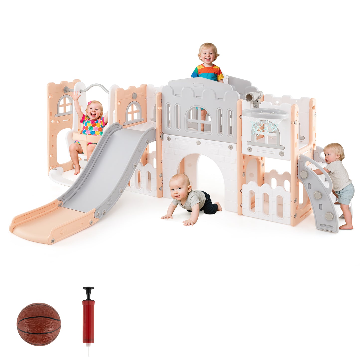 10-in-1 Pink Toddler Swing Slide Set | Basketball Hoop Storage