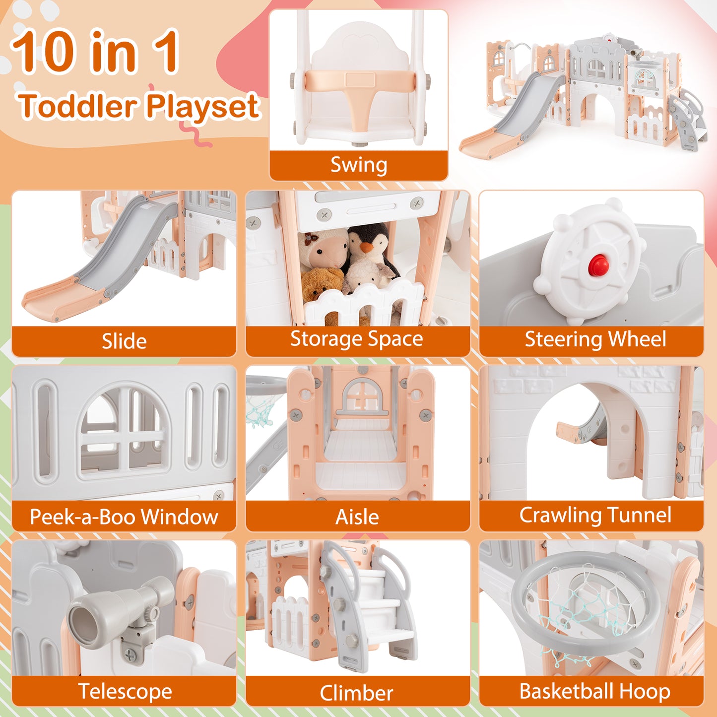 10-in-1 Pink Toddler Swing Slide Set | Basketball Hoop Storage