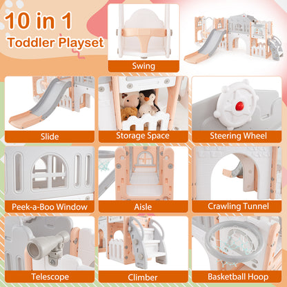 10-in-1 Pink Toddler Swing Slide Set | Basketball Hoop Storage