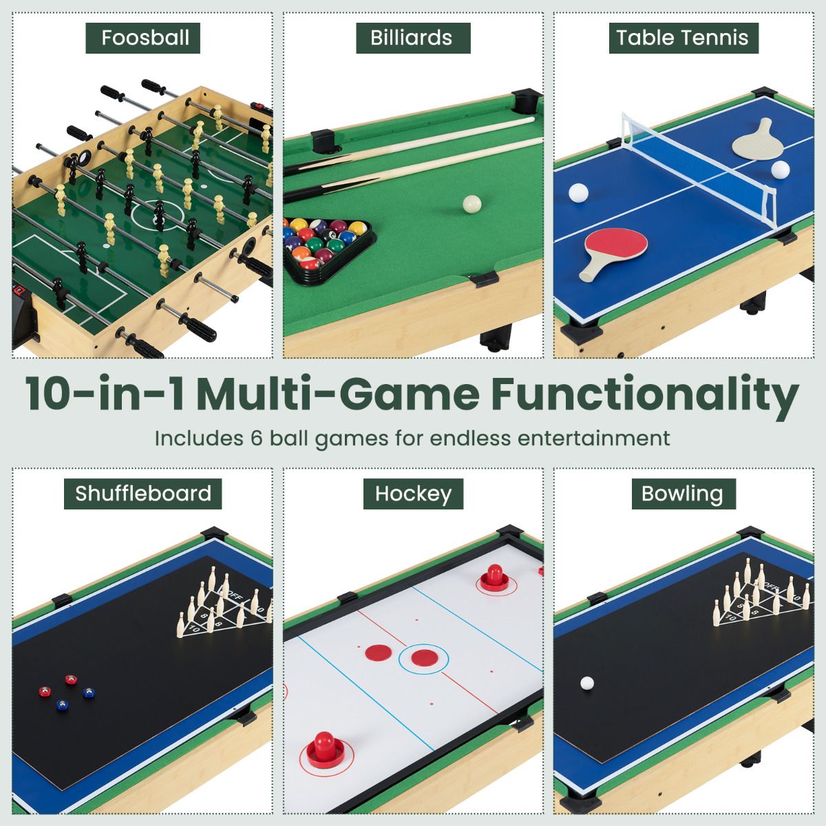 10 In 1 Multi Game Table | Natural Wood Foosball Hockey Pool