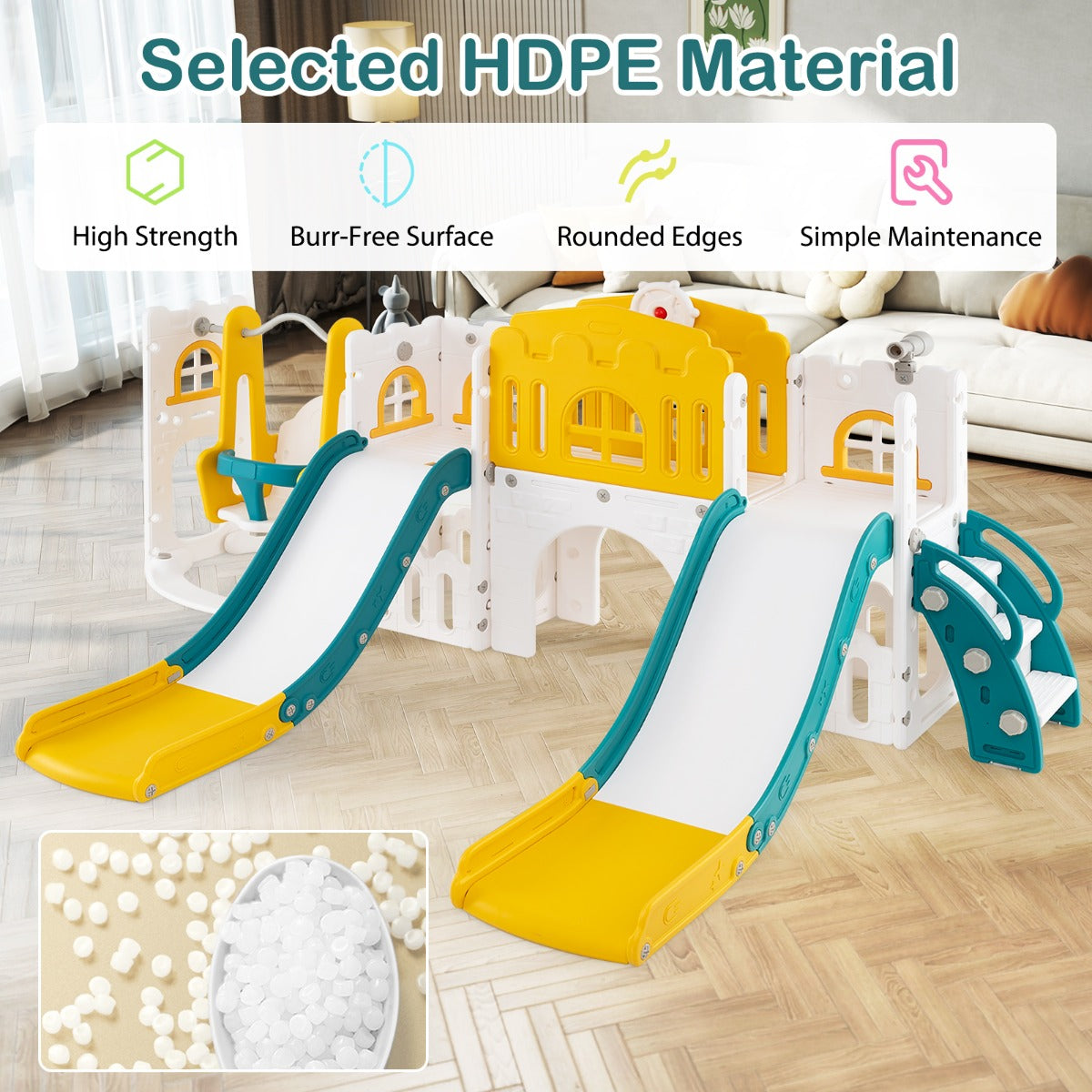 10-in-1 Toddler Swing & Slide Playset | Yellow & Green with Double Slides