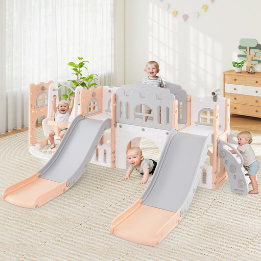 10-in-1 Pink Toddler Swing & Slide Playset | Double Slides & Climber