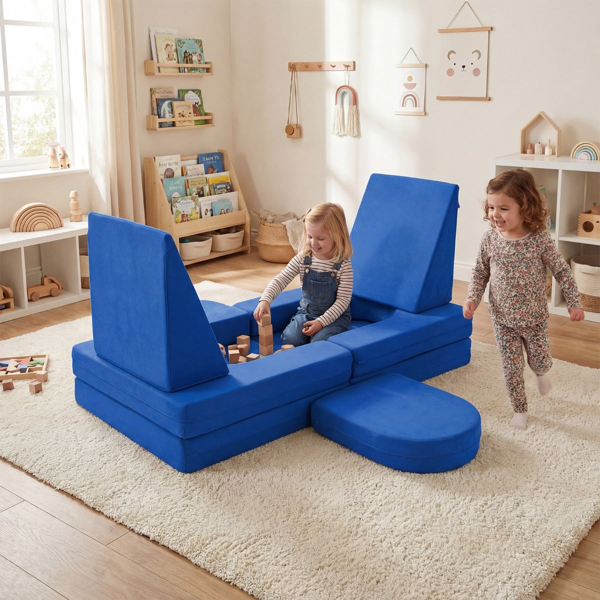 Blue 10-Piece Modular Kids Play Couch | Soft Suede Fabric
