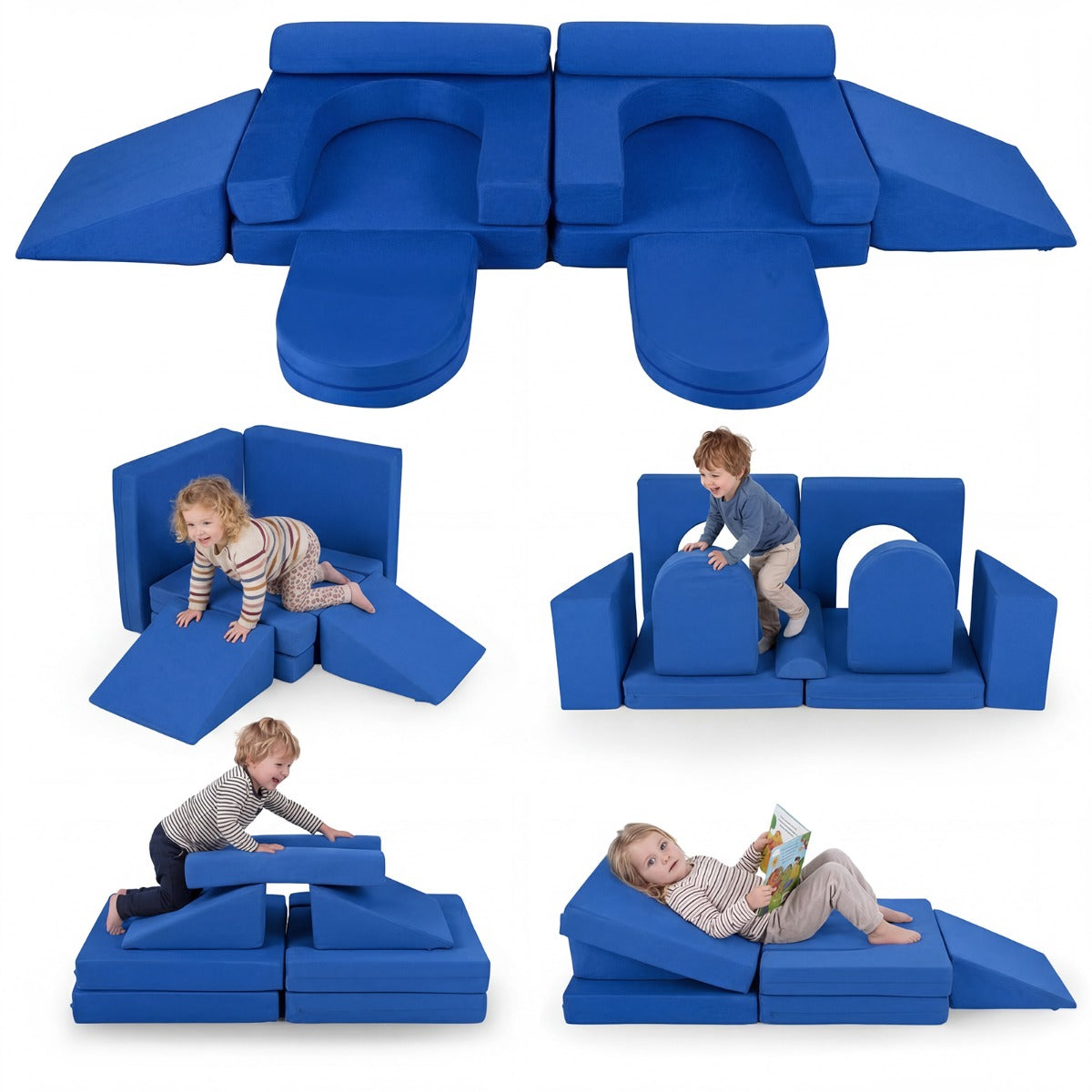 Blue 10-Piece Modular Kids Play Couch | Soft Suede Fabric