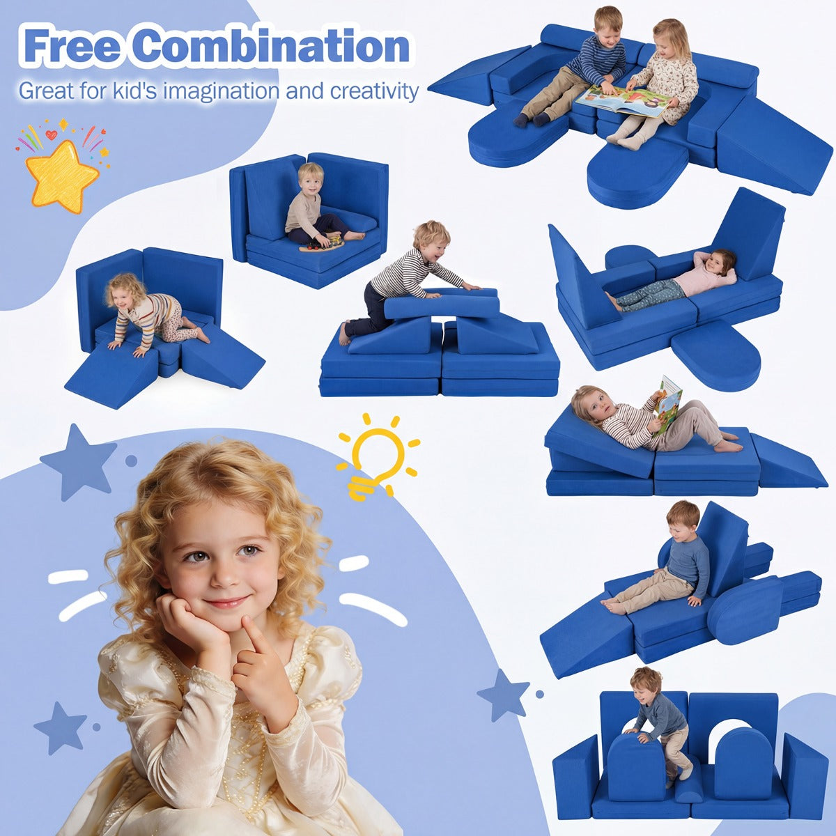 Blue 10-Piece Modular Kids Play Couch | Soft Suede Fabric