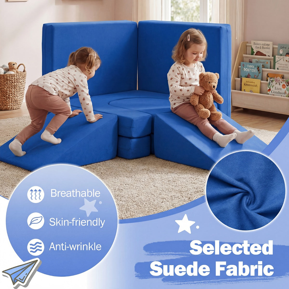 Blue 10-Piece Modular Kids Play Couch | Soft Suede Fabric