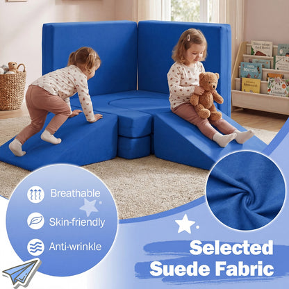 Blue 10-Piece Modular Kids Play Couch | Soft Suede Fabric