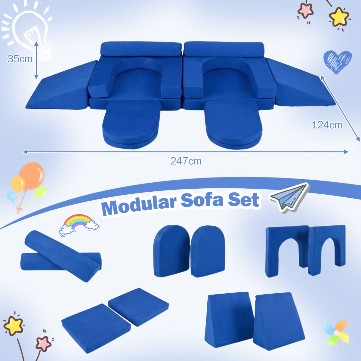Blue 10-Piece Modular Kids Play Couch | Soft Suede Fabric