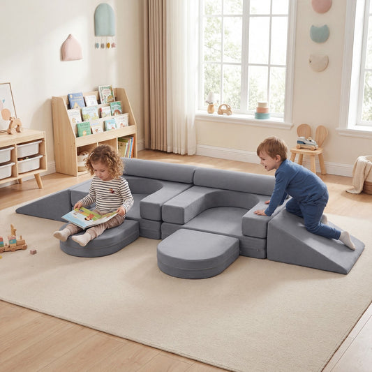 10-Piece Modular Kids Play Couch | Soft Grey Suede Fabric