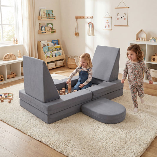 10-Piece Modular Kids Play Couch | Soft Grey Suede Fabric