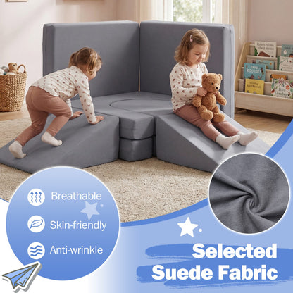 10-Piece Modular Kids Play Couch | Soft Grey Suede Fabric