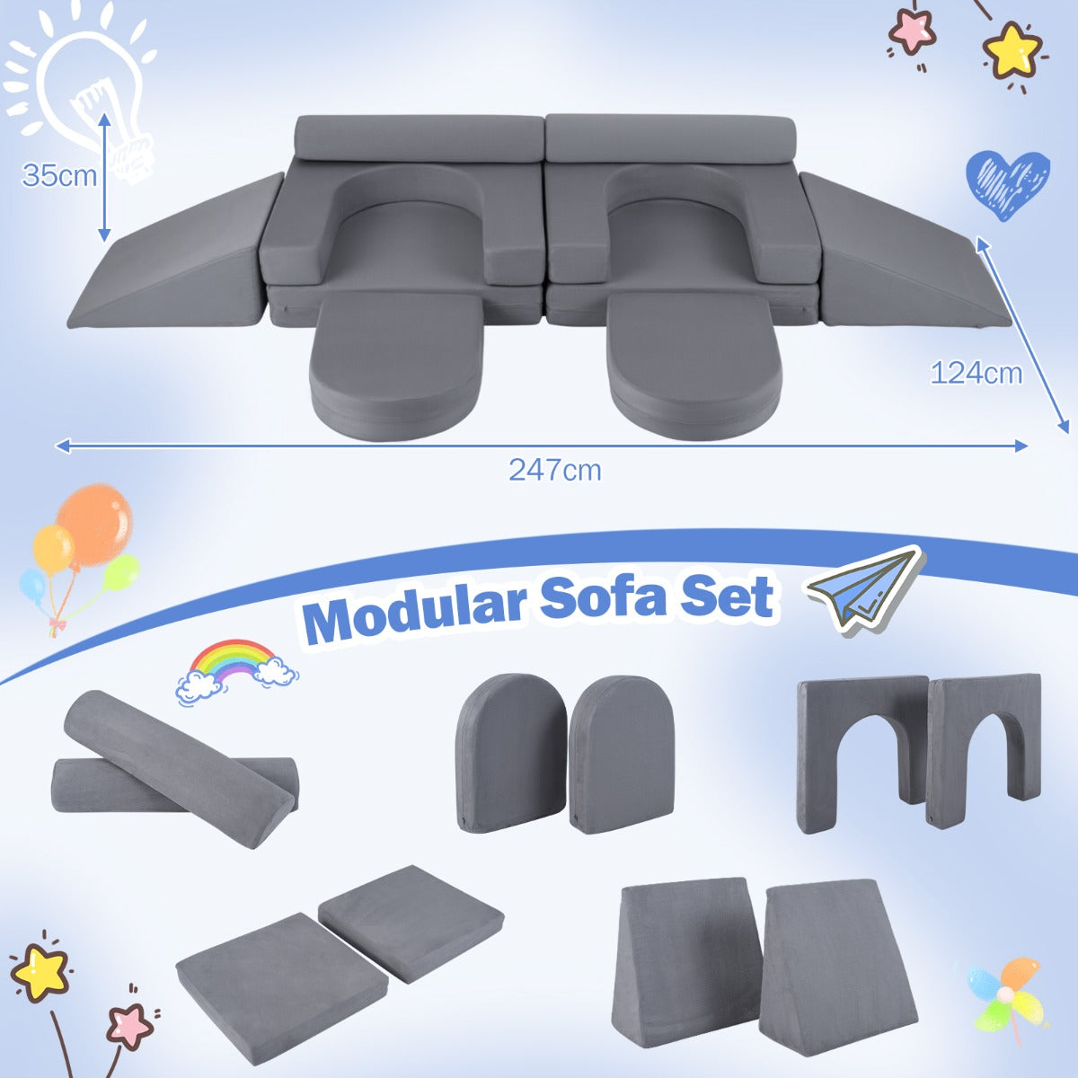 10-Piece Modular Kids Play Couch | Soft Grey Suede Fabric
