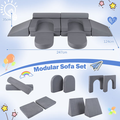 10-Piece Modular Kids Play Couch | Soft Grey Suede Fabric