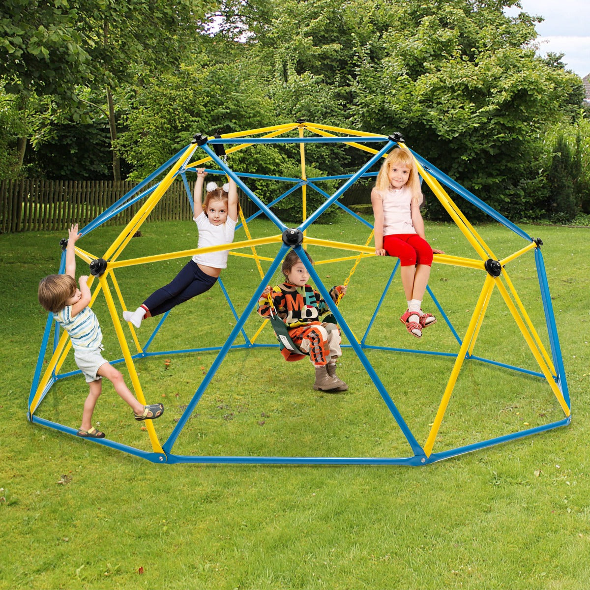 Vibrant yellow 10-foot climbing dome with attached swing offers adventurous outdoor play for children