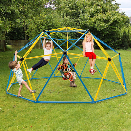 Vibrant yellow 10-foot climbing dome with attached swing offers adventurous outdoor play for children
