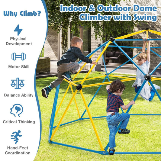 Vibrant yellow climbing dome with attached swing offers 10 feet of outdoor play space for active children
