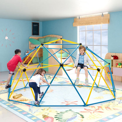 Vibrant yellow outdoor climbing dome with attached swing offers active play and adventure for children