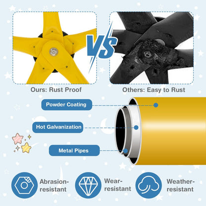 Yellow outdoor climbing dome with swing offers 10-foot jungle gym adventure for active kids backyard play