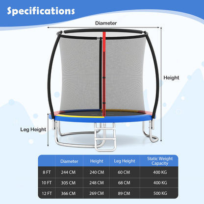 10 Ft Colorful Trampoline With Enclosure Net | Kids & Adults