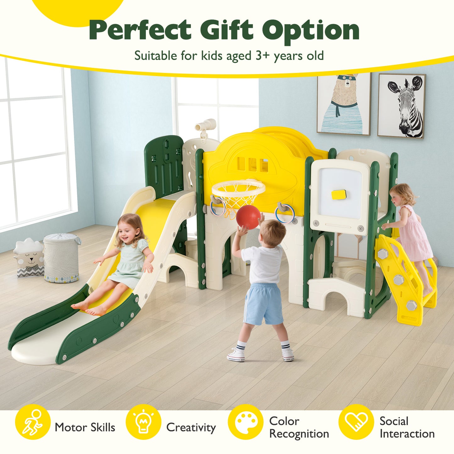 10 In 1 Toddler Slide Set | Basketball Hoop Telescope Yellow
