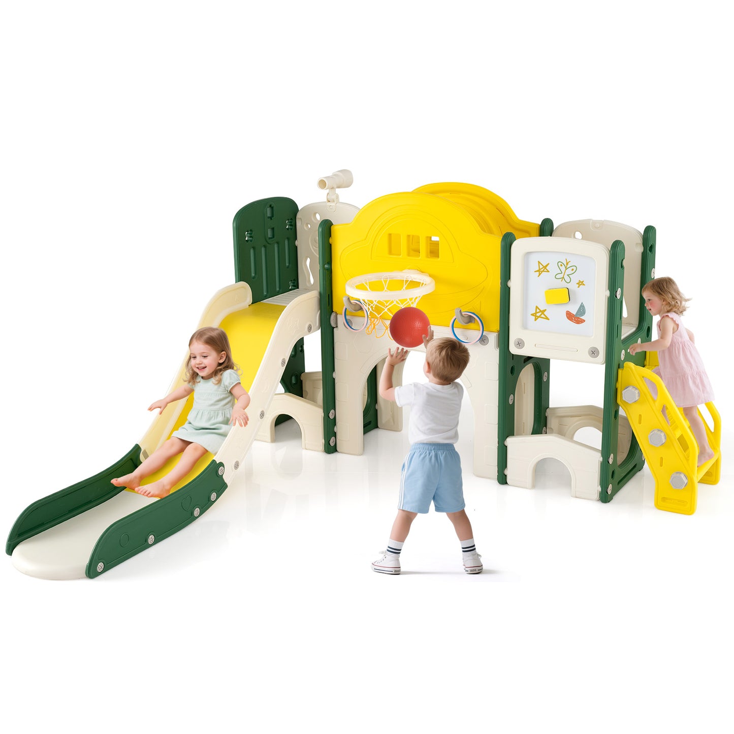 10 In 1 Toddler Slide Set | Basketball Hoop Telescope Yellow