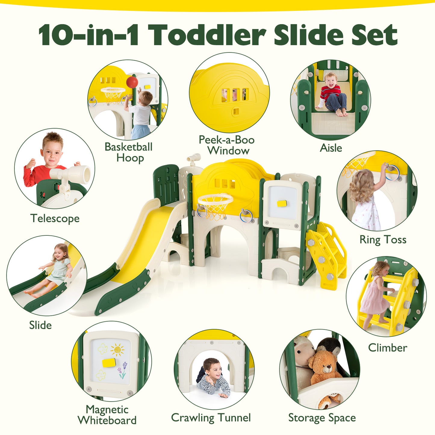10 In 1 Toddler Slide Set | Basketball Hoop Telescope Yellow