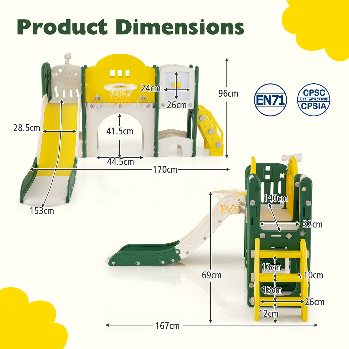 10 In 1 Toddler Slide Set | Basketball Hoop Telescope Yellow