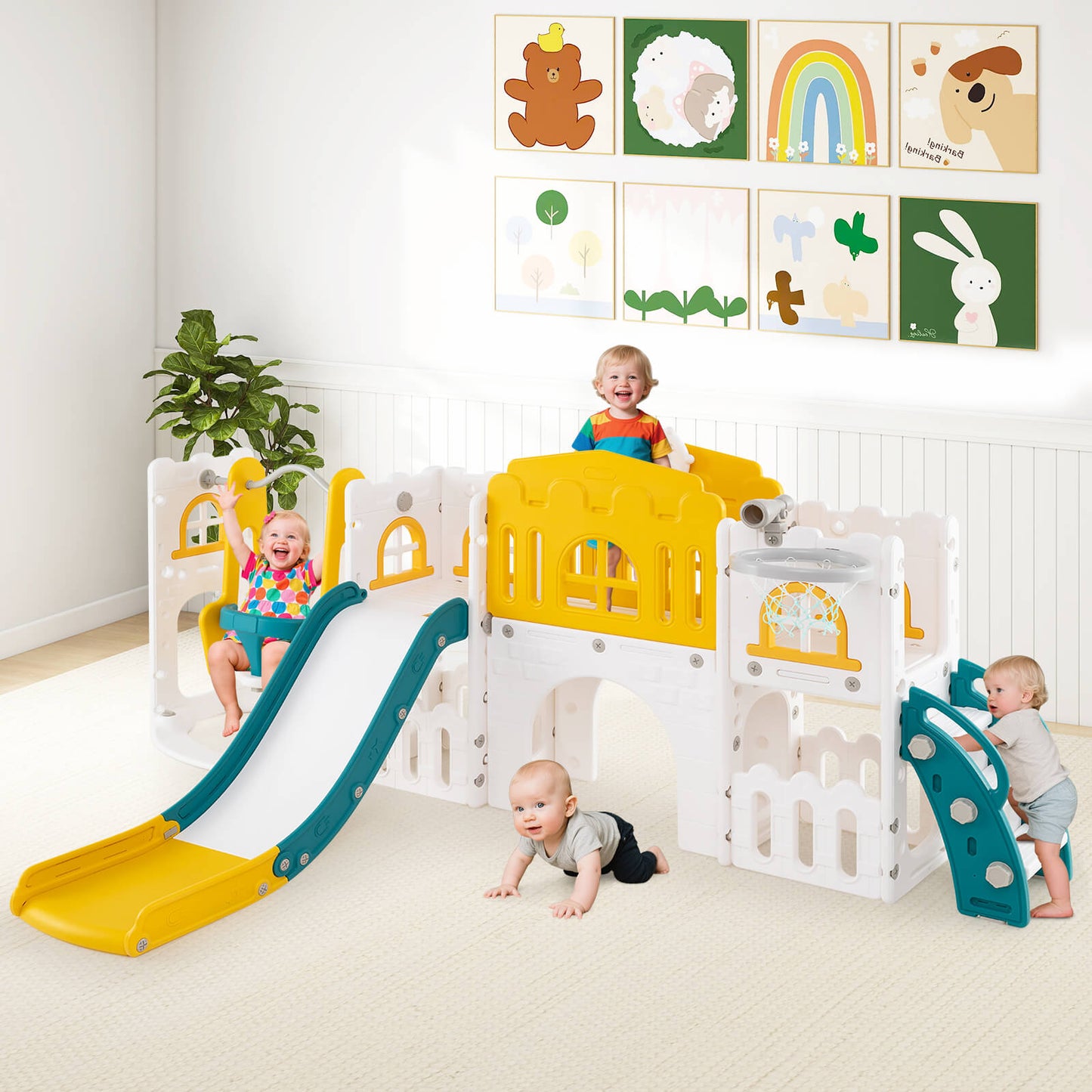 10 in 1 Toddler Swing and Slide Set with Basketball Hoop and Storage Space-Yellow