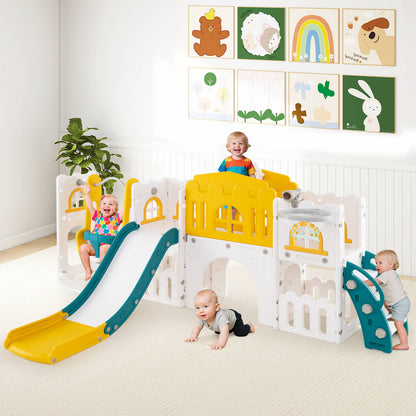10 in 1 Toddler Swing and Slide Set with Basketball Hoop and Storage Space-Yellow