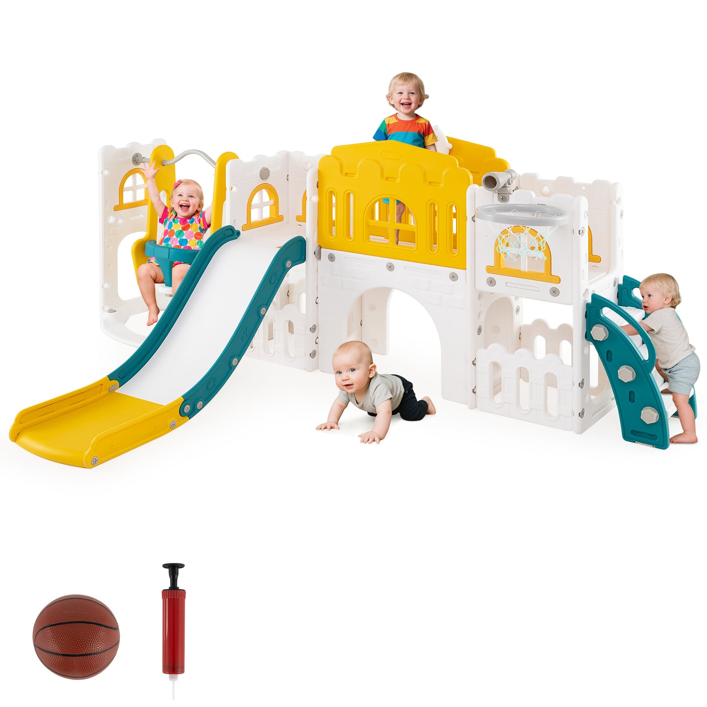10 In 1 Yellow Toddler Swing Slide Set | Basketball Hoop Storage