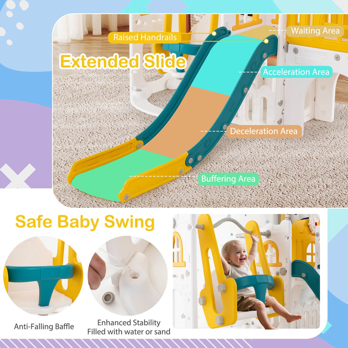 10 In 1 Yellow Toddler Swing Slide Set | Basketball Hoop Storage