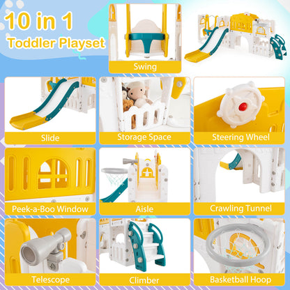10 In 1 Yellow Toddler Swing Slide Set | Basketball Hoop Storage