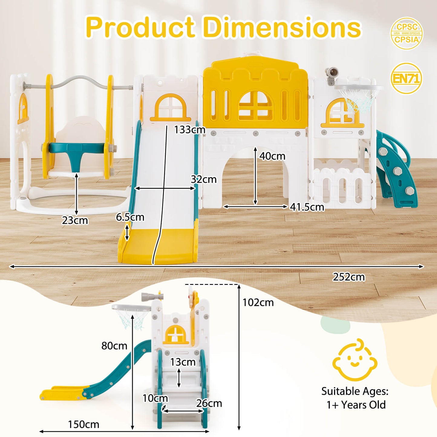 10 In 1 Yellow Toddler Swing Slide Set | Basketball Hoop Storage