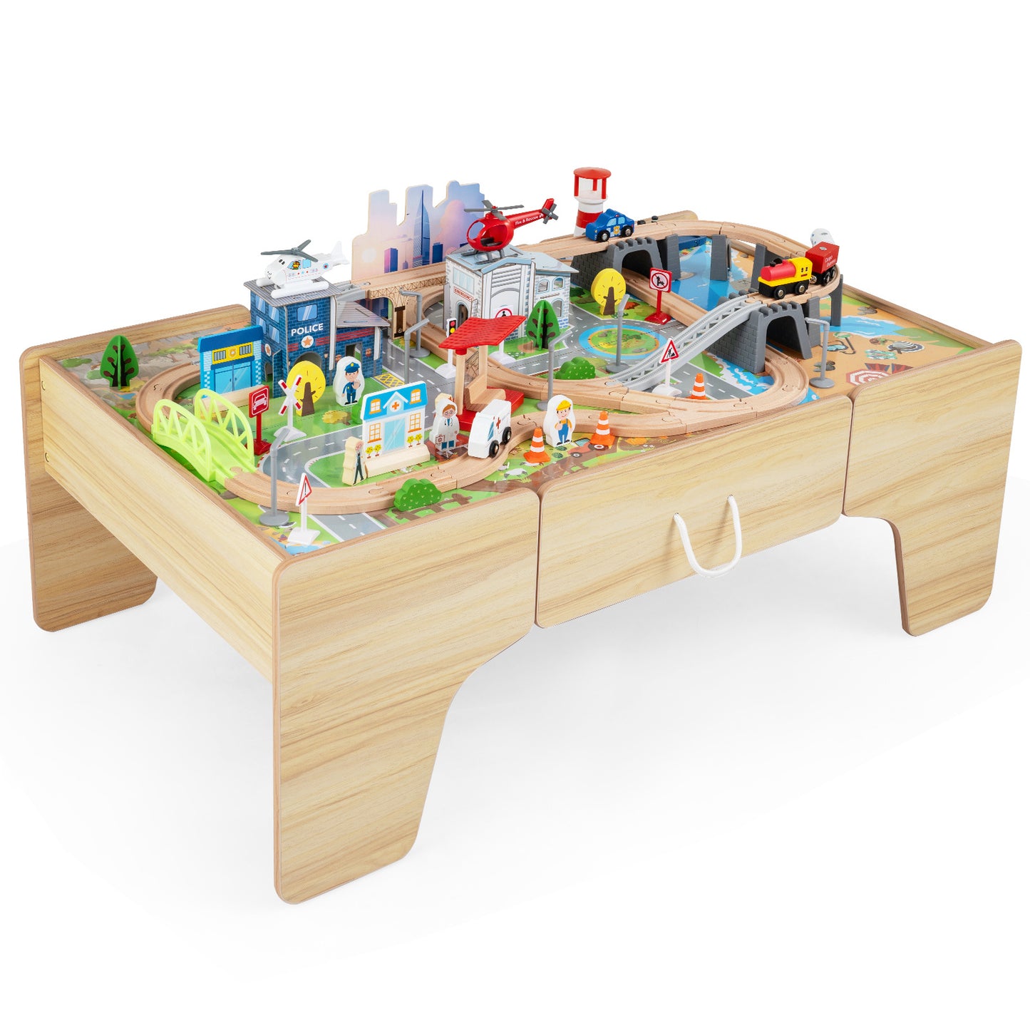 110-Piece Natural Wooden Train Table | 3-in-1 Play Set for Toddlers