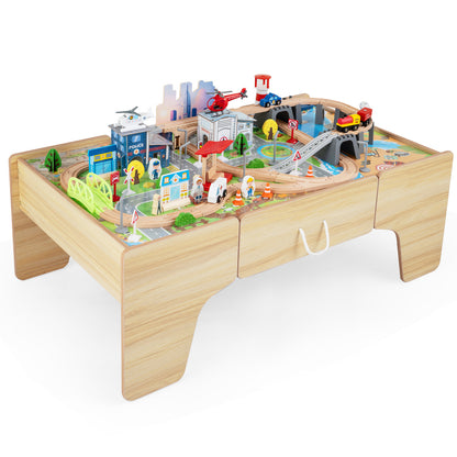 110-Piece Natural Wooden Train Table | 3-in-1 Play Set for Toddlers
