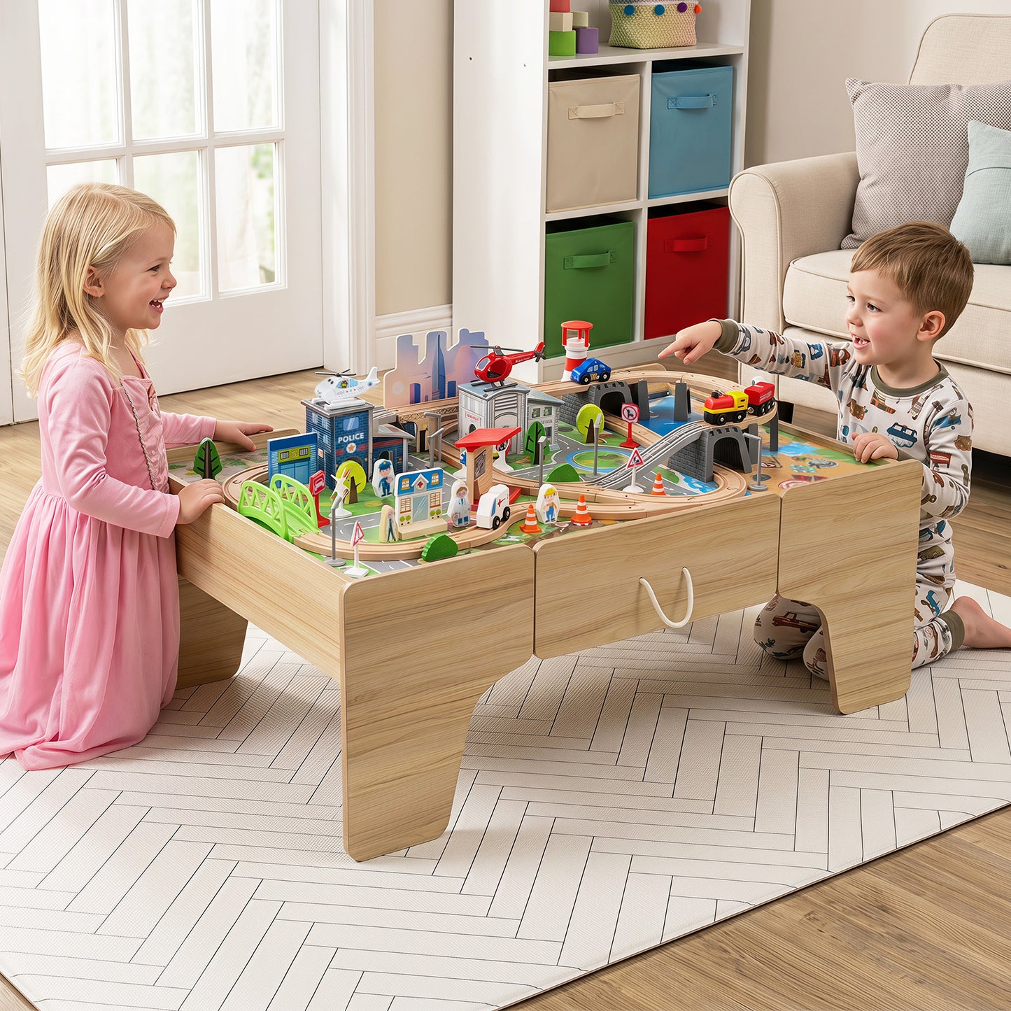 110-Piece Natural Wooden Train Table | 3-in-1 Play Set for Toddlers