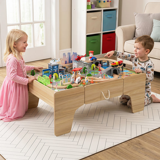 110-Piece Natural Wooden Train Table | 3-in-1 Play Set for Toddlers