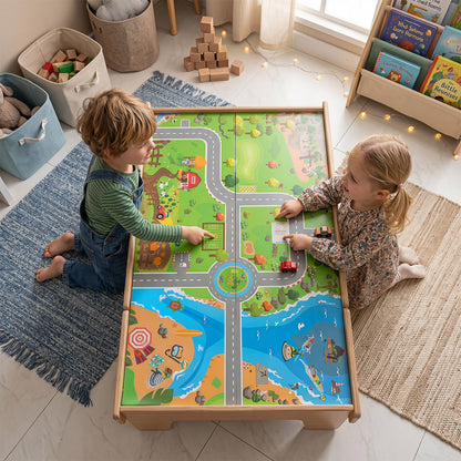 110-Piece Natural Wooden Train Table | 3-in-1 Play Set for Toddlers
