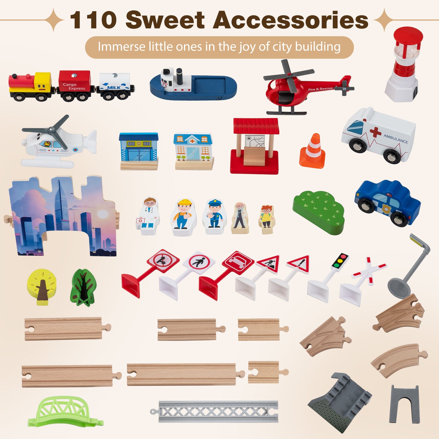 110-Piece Natural Wooden Train Table | 3-in-1 Play Set for Toddlers