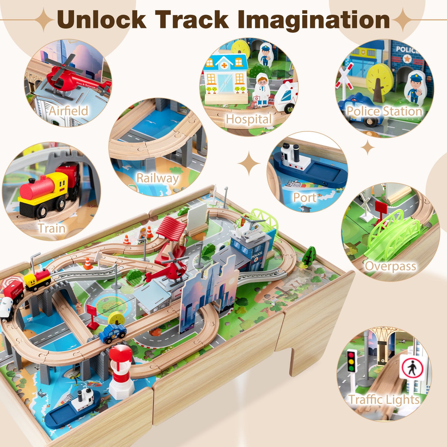 110-Piece Natural Wooden Train Table | 3-in-1 Play Set for Toddlers