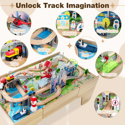 110-Piece Natural Wooden Train Table | 3-in-1 Play Set for Toddlers