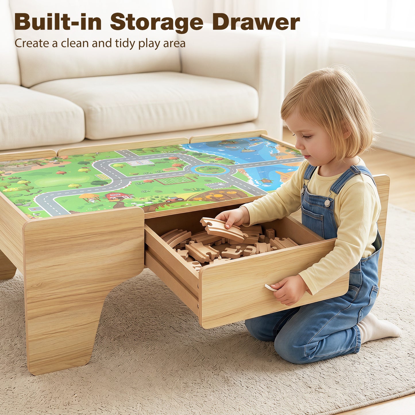 110-Piece Natural Wooden Train Table | 3-in-1 Play Set for Toddlers